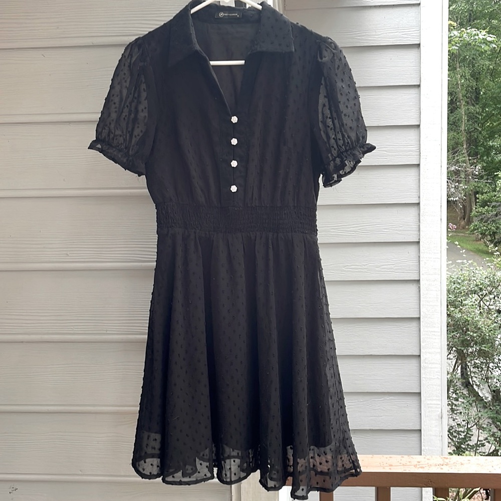 Black V neck, above knee, Ivory flower buttons w/ rhinestone center sheer sleeve